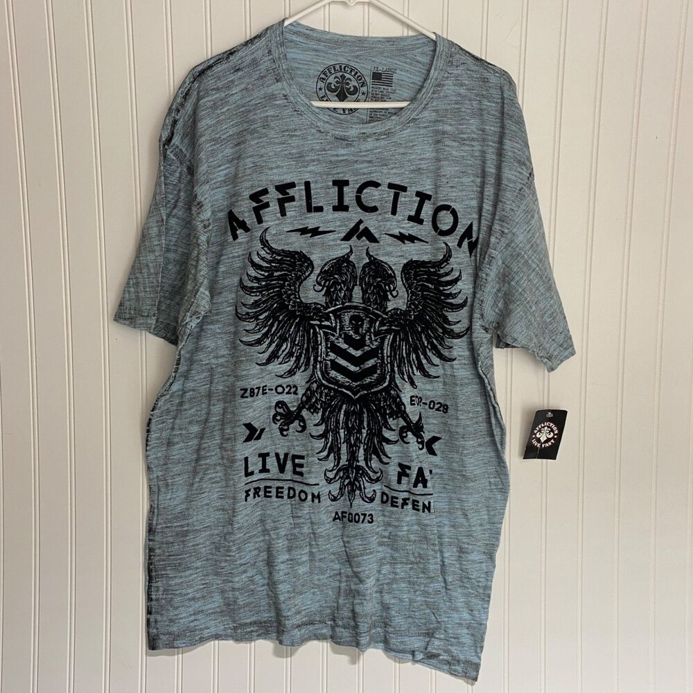 AFFLICTION Blue American Customs Live Fast Short‎ Sleeve Logo T-Shirt Size XL